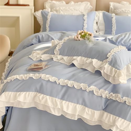 Girls Lace Bedding, Full Comforter Cover Set, Chic Ruffled Duvet Cover with 2 Layers Ruffle,Princess Style 1 Duvet Cover with 2 Pillowcases, No Comforter-Blue,Full SOUKECHY