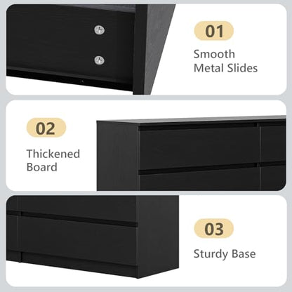 59'' Modern 6 Drawer Dresser, Black Dresser for Bedroom, Wide Chest of Drawers with Minimalist Design, Smooth Metal Slides & Sturdy Base, Wood Long Dresser, Double Drawer Dresser for Closet