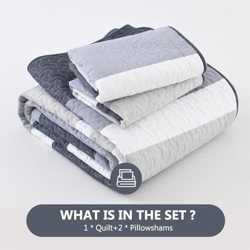DUOHONG 100% Cotton Quilt Set Queen Size, Queen Quilt Bedding Set, Striped Pattern Quilt Bedspread for Queen Bed, Modern Minimalist Bed Spread Lightweight Comforter, 3Pcs, Charcoal-Blue/Gray/White DUOHONG