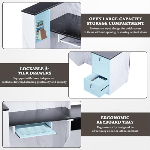 L-Shaped Modern Reception Desk with Counter & Storage - 71"/84" Large Office Front Desk, Salon Checkout Counter with Lockable Cabinets, Shelves & Drawers (Black & White, Left - 71''L x 34''W x 41''H) kaiwrxin