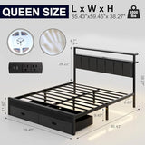 Aelawe Queen Bed Frames with Storage Drawer, Platform Bed with Charging Station and LED Lights, Upholstered Headboard with 2-Tier Storage Shelves, No Box Spring Needed Aelawe