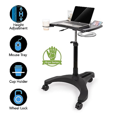 EHO Mobile Laptop Standing Desk Carts on Wheels with Stationery Storage, Pneumatic, Height Adjustable Rolling Stand, Sit to Stand Computer Cart, Workstation for Home, Office, Medical and School EHO