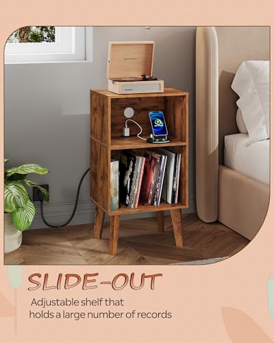 WLIVE Record Player Stand, Modern Nightstand with Storage, Small Space Bedside Table, End Table for Bedroom & Living Room, Mid Century Night Stand, Rustic Brown WLIVE