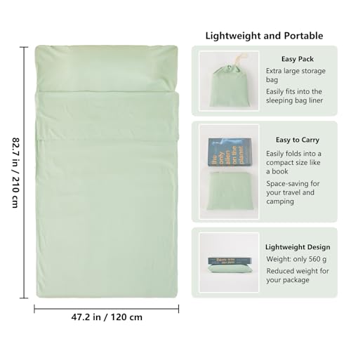 RHINSBENF Sleeping Bag Liner Camping Adult Sleep Sack Lightweight Travel Sheet for Hotel Bed Compact Ultralight Essential Cleaning Supplies Kit Travel Bedding Set for Backpacking (Green & Single) RHINSBENF