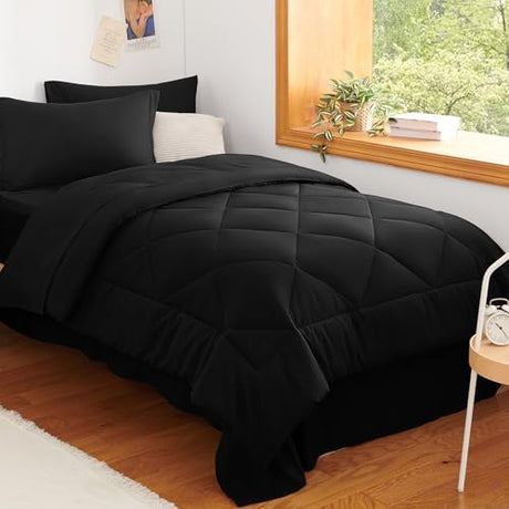 CozyLux Twin Comforter Set with Sheets Black - 5 Pieces Bed in a Bag Twin, All Season Bed Set for Girls and Boys, Bedding Set with Down Alternative Comforter, Sheets, Pillowcase & Sham CozyLux