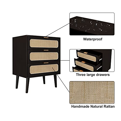 QHITTY Drawer Dresser Set of 2, Rattan Chest of Drawers with 3 Drawers Dresser, Accent Storage Cabinet Modern Bedside Table for Living Room, Bedroom, Entryway (Black) - WoodArtSupply