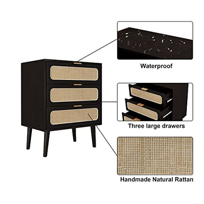 QHITTY Drawer Dresser Set of 2, Rattan Chest of Drawers with 3 Drawers Dresser, Accent Storage Cabinet Modern Bedside Table for Living Room, Bedroom, Entryway (Black) - WoodArtSupply