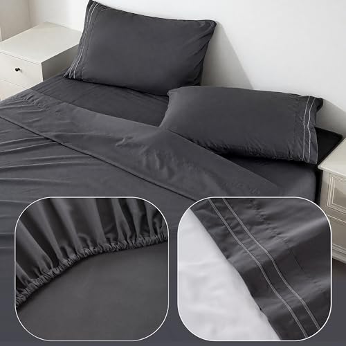 Ranunculus 3 Piece Washed Twin Bed Sheet Set, Fitted Sheet Twin Size & Bedsheet & Pillowcase, Soft Brushed Microfiber - 16 inches Deep Pocket, Breathable, Fade Resistant,Easy Care (Dark Grey,Twin) Ranunculus