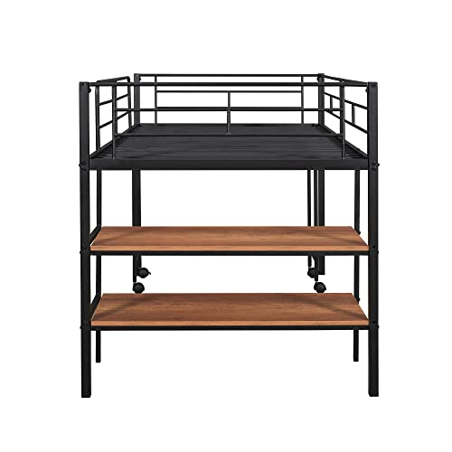 Harper & Bright Designs Twin Loft Bed Low Loft Bed Frame with Storage Shelves and Movable Table with Wheels, Metal Low Loft Beds Small Room/Low Ceiling Bedroom with Guardrail and Ladder, Black Harper & Bright Designs