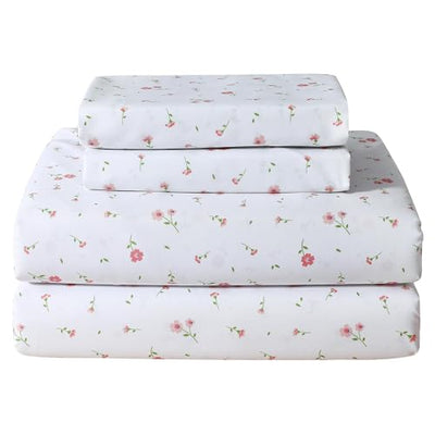Softan Pink Floral Twin Size Sheet Set, 3 Pieces Single Bed Sheets for Girls, Cozy Microfiber Fitted Sheet with 15" Deep Pockets & Non-Slip Straps, Pink Flower Sheets & Pillowcase Set