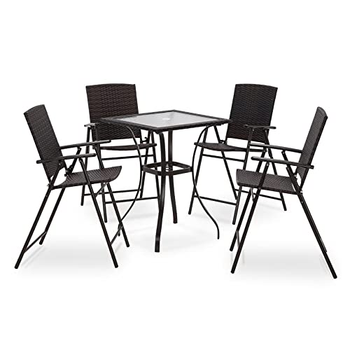 MCombo Patio Dining Set 5 Pieces, Black Outdoor Dining Table and Folding Chairs, Metal Frame Patio Wicker Furniture Set with Square Glass Table Top, for Lawn, Deck, Garden MCombo