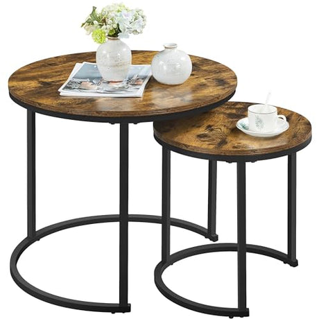 Yaheetech Nesting Coffee Table, Round Coffee Table for Living Room, Nesting Table with Wooden Tabletop and Sturdy Metal Frame, Stacking Living Room Tables Nesting End Table Set of 2, Rustic Brown Yaheetech