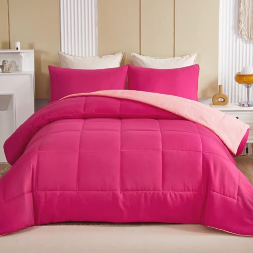 Exclusivo Mezcla Lightweight Reversible Twin Size Comforter Set, Down Alternative Comforter with 1 Pillow Sham, Twin Size Bedding Set for All Seasons, Hot Pink/Bright Pink Exclusivo Mezcla