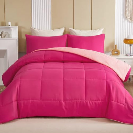 Exclusivo Mezcla Lightweight Reversible Twin Size Comforter Set, Down Alternative Comforter with 1 Pillow Sham, Twin Size Bedding Set for All Seasons, Hot Pink/Bright Pink Exclusivo Mezcla