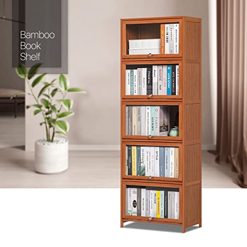 MoNiBloom Tall Narrow Bookcase with Acrylic Doors 5 Tier Free Standing Book Shelf Storage Organizer Save Space for Living Room Office, Brown - WoodArtSupply