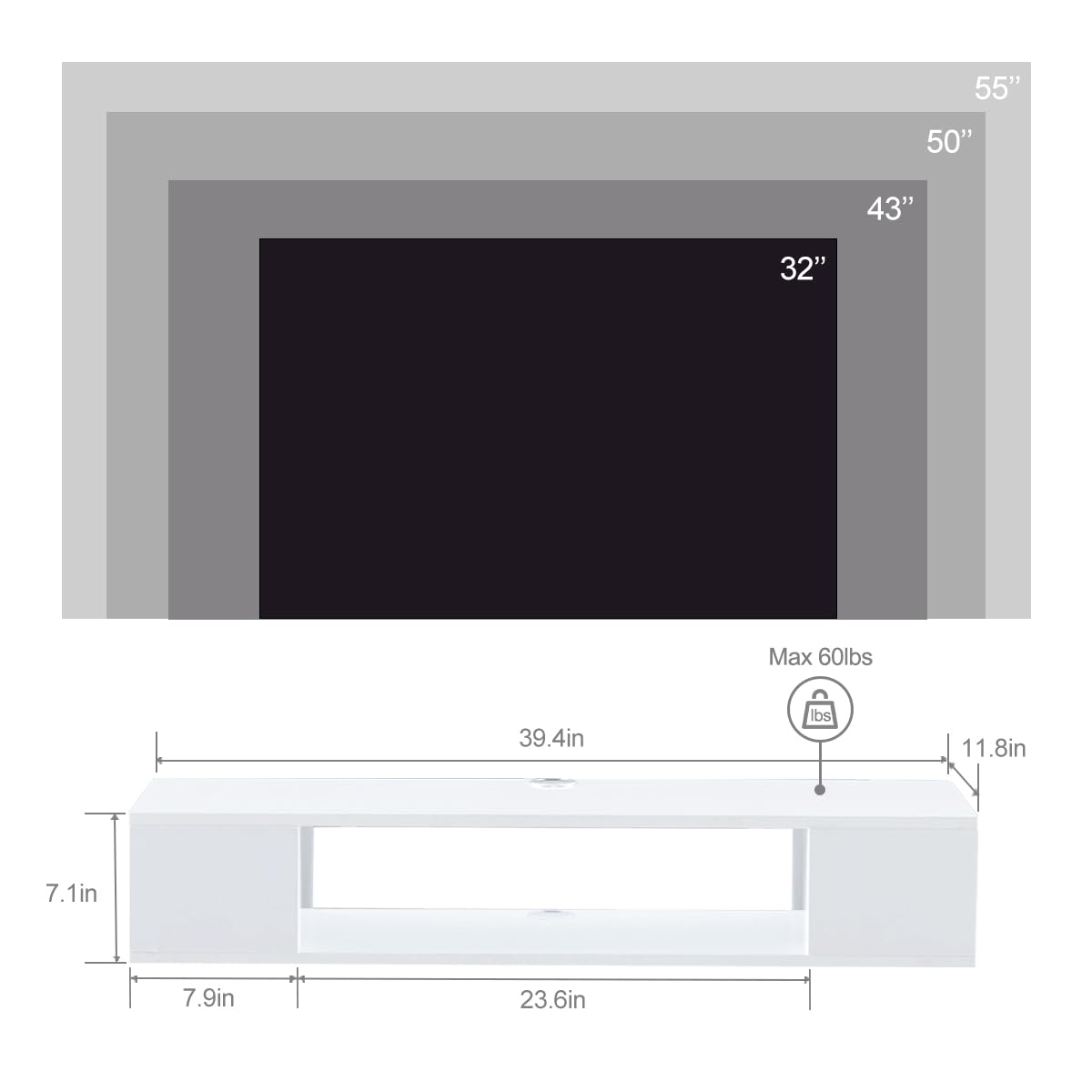 GHC Floating TV Stand, Wall Mounted Entertainment Center and Cabinet Shelf, Media Console for DVD Player, Space-Saving Under TV Shelf for Bedroom, Living Room (White) GHC