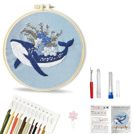 Huacan Embroidery Kit for Beginners Adults Includes Stamped Bee and Dolphin Pattern, Hoop, Color Threads,Tools,Easy to Follow Instruction Huacan
