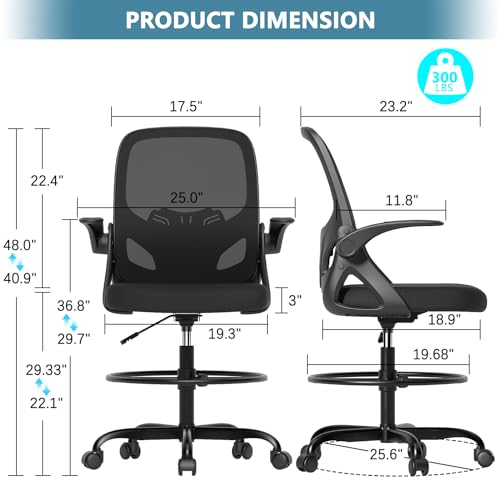 Kensaker Tall Drafting Chair with Footrest Ring for Home and Work, Ergonomic Home Desk Office Chair with Flip up Arms and Lumbar Support, Extended Height Executive Desk Office(Black) Kensaker