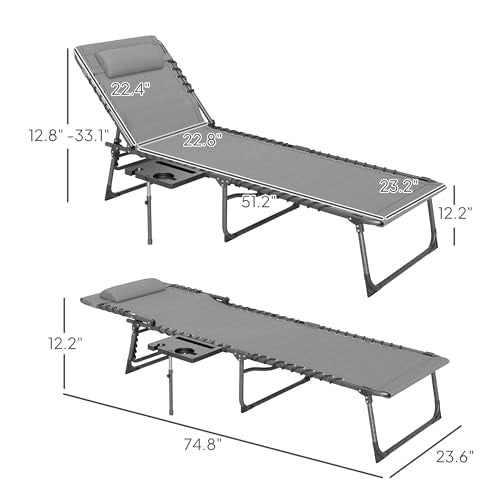 Outsunny Folding Chaise Lounge Chair Outdoor Tanning Chair with Side Table, 5-Level Adjustable Beach Lounge Chair with Headrest, Side Pocket for Patio, Backyard, Beach, Poolside, Gray