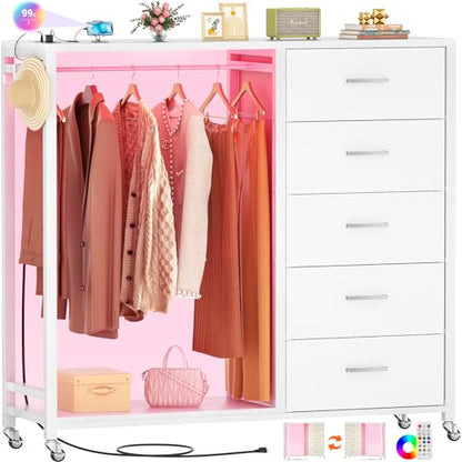 Cyclysio Dresser with Clothes Rack, 5 Drawers Dresser with Charging Station & LED Lights, White Storage Unit, Closet