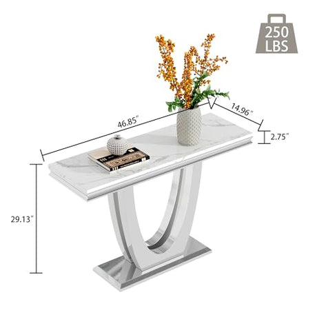 47" Modern Marble Console Table, Narrow Entryway Table White Faux Marble Top & Silver Double U-Shaped Stainless Steel Base - Sofa Table for Entryway, Hallway, Foyer, Living Room AMHDDT