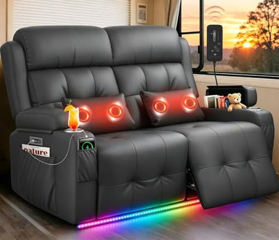 Power Loveseat Recliner Sofa with Graphene Heating & Massage, Zero Wall Hugger Home Theater Seating, RV Reclining Couch with LED Lights, USB & Type-C, Cup Holders, Hidden Storage Armrest & Pillows