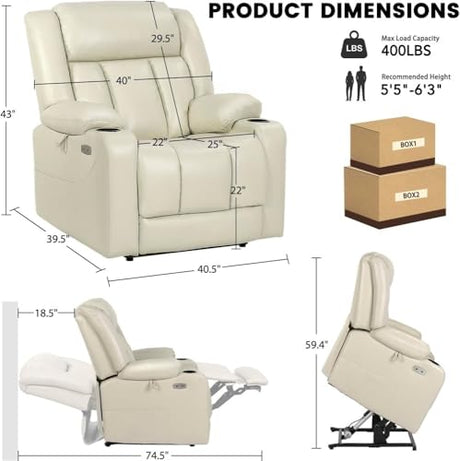 Dual Motor Oversized Power Lift Recliner Chair for Elderly Heavy Duty Faux Leather Lay Flat Massage Heated Big and Tall Reclining Seat with Cup Holders Cream White Adjustable Lounge Sofa Comfortable UOPYNE