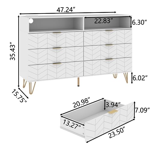 Loomie 6 Drawers Double Dresser with Power Outlet & LED Light,White Long Dresser Chests of Drawers with Storage Cubby,Wood Wide TV Dresser Stand for up to 55" for Bedroom,Hallway,Entryway - WoodArtSupply