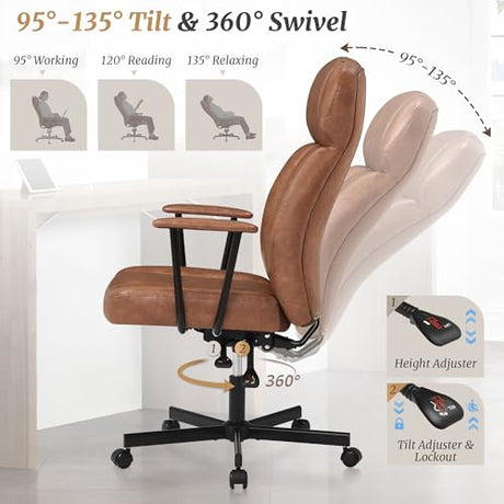 Cozyman High Back Office Desk Chair, Breathable Ergonomic Leather Chair with 5-Layer Seat Cushion with 135°Reclining Lumbar Support Adjustable Height Rolling Swivel Executive Armrests Chair, Brown Cozyman
