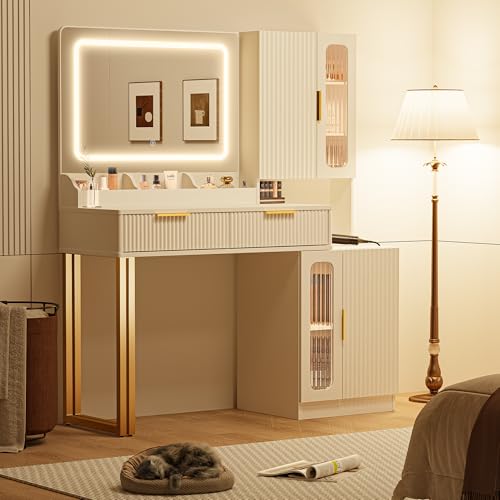 45" Modern Makeup Vanity Desk with Mirror and Lights, Makeup Vanity with 5 Shelves& 2 Drawers and Cabinet, Vanity Table with Power Outlet, 3 Color Adjustable Lighting Dressing Table Set for Bedroom astimey