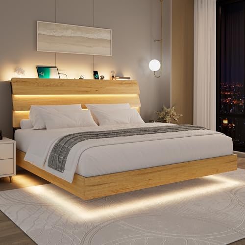 Feonase Floating Bed Frame King with Led Lights and Charging Station, Wood Full Size Bed Frame with Storage Headboard, Heavy Duty Metal Slats, No Box Spring Needed, Easy Assembly,Oak Feonase