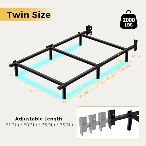 Awesofurni Twin Bed Frame with Smart LED Lights, 7 Inch Basics Metal Bed Frame, Heavy Duty 9-Leg Base for Box Spring and Mattress, Noise-Free, Easy Assembly, Black Awesofurni