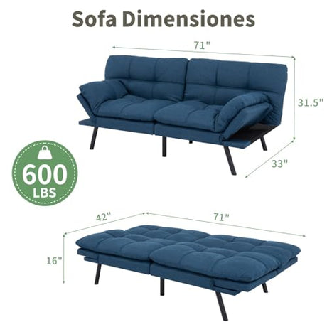 MUUEGM 71-Inch Futon Sofa Bed, Convertible Loveseat Sleeper | Modern Blue Linen Fabric | Adjustable Couch for Living Room & Small Spaces MUUEGM