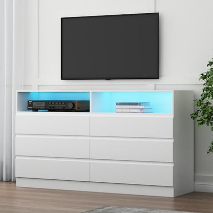 Gyfimoie 6 Drawer Double Dresser with Power Outlet, Accent Chests of Drawers with LED Light, Modern White Storage Dresser with Charging Station (Mirror Not Included) - WoodArtSupply