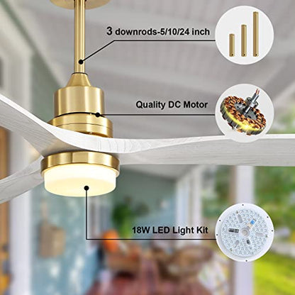 Sofucor 52 Inch Ceiling Fan with Light Remote Control Dimmable LED Light 3 Wood Fan Blades Reversible DC Motor Modern Ceiling Fan for Farmhouse/Patios with 3 Downrods(5 inch/10 inch/24 inch) - WoodArtSupply