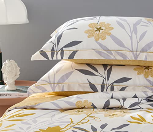 SLEEPBELLA Comforter King Size, 600 Thread Count Cotton Grey Branch with Yellow Flower & Grey Leaves Pattern Orange Reversible Comforter Set,Down Alternative Bedding Set 3Pcs(King, Yellow Botanical) SLEEPBELLA