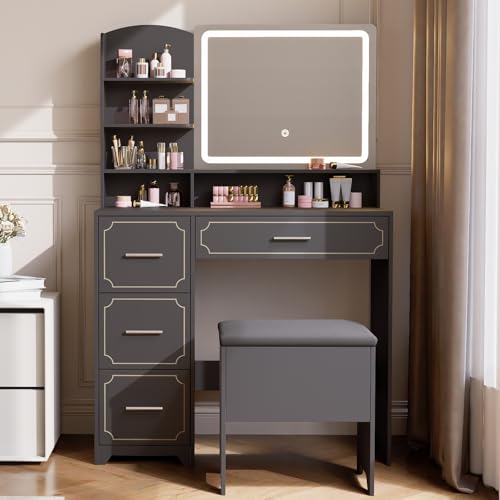 Hogxp Vanity Table with LED Mirror & Power Outlet - 5 Open Shelves, 4 Drawers - Includes Padded Stool - Ideal Bedroom Makeup Dressing Table （Black） Hogxp
