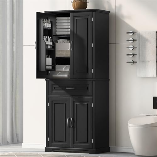 72.2" Tall Storage Cabinet with 4 Doors and Drawer, Freestanding Linen Cabinet, Wooden Pantry with Adjustable Shelf for Kitchen, Bathroom, Living Room, Black