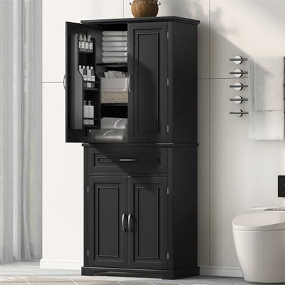 72.2" Tall Storage Cabinet with 4 Doors and Drawer, Freestanding Linen Cabinet, Wooden Pantry with Adjustable Shelf for Kitchen, Bathroom, Living Room, Black