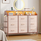 Lulive Dresser for Bedroom with 9 Drawers - Chest of Drawers for Bedroom with LED Light & Charging Station - Kids Adults Chest of Drawers for Living Room Hallway Closet Nursery (Pink) Lulive
