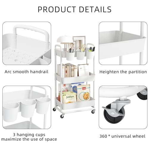 JIUYOTREE 3-Tier Plastic Rolling Storage Cart Utility Cart with Extra Hanging Cups Handles Lockable Wheels for Living Room Bathroom Kitchen Office White JIUYOTREE
