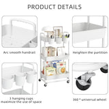JIUYOTREE 3-Tier Plastic Rolling Storage Cart Utility Cart with Extra Hanging Cups Handles Lockable Wheels for Living Room Bathroom Kitchen Office White JIUYOTREE