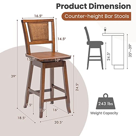 COSTWAY 24.5 Inch Rattan Back Bar Stools Set of 2 with 360° Swivel and Comfortable Footrests COSTWAY