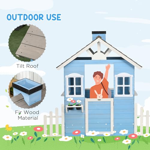 Outsunny Playhouse for Kids Outdoor, Country Style Wooden Playhouse with Flower Pot Holders, Working Door, Windows, Service Stations for 3-7 Years, Outsunny