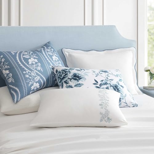 Martha Stewart - King Duvet Cover Set, 100% Soft Cotton Bed Set with a Smooth Cotton Percale Reverse, 3 Piece Floral Bedding with Matching Pillowcases (Garden Path Embroidery Blue) Martha Stewart