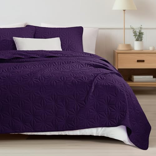 Whale Flotilla King Quilt Bedding Set, Soft Purple Bedspreads Quilts King Size for All Seasons, 3 Pieces Lightweight Geometric Star Pattern Coverlet Whale Flotilla