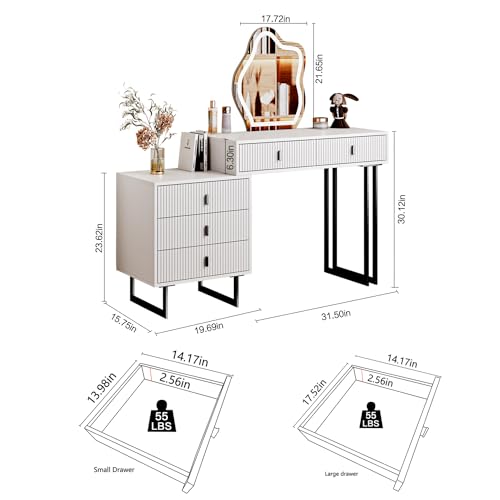 Ieejdn White Vanity Desk with Mirror and Lights,Small Makeup Vanity with 5 Drawers，Modern Makeup Table with Adjustable Cabinet for Bedroom,Makeup Room - WoodArtSupply