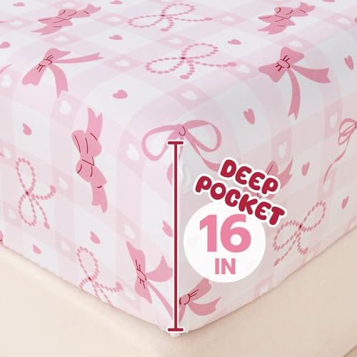 Homilay Full Sheet Set Kids - Pink Check 4 Pieces Soft Microfiber Cartoon Style Bedsheets for Boys Girls Teens, Oeko TEX Breathable 15 Inch Deep Pocket Sheets(Pink Bow) Homilay