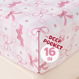 Homilay Full Sheet Set Kids - Pink Check 4 Pieces Soft Microfiber Cartoon Style Bedsheets for Boys Girls Teens, Oeko TEX Breathable 15 Inch Deep Pocket Sheets(Pink Bow) Homilay