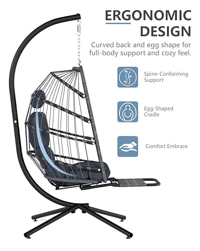 SWITTE Egg Chair Outdoor with Footrest & Stand, Indoor Wicker Hanging Egg Swing Hammock Chair with Cushion for Patio, Bedroom, Garden - Dark Gray SWITTE